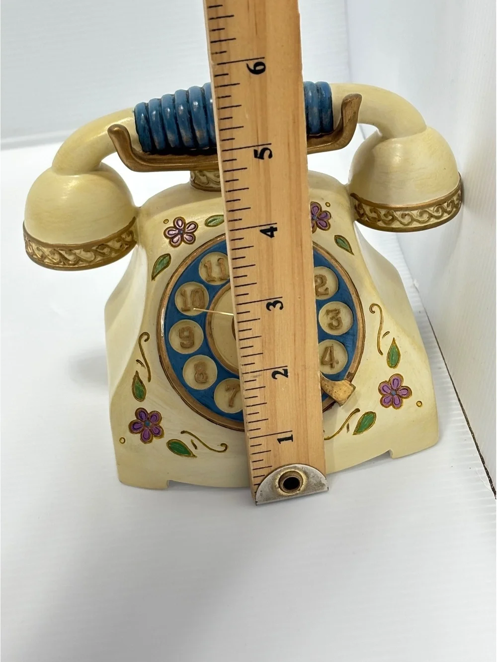 Clock Vintage Ceramic Rotary Phone Figurine with Floral Design and Blue Accents